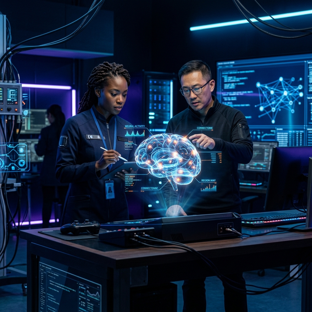 Équipe MY V SPACE analysant un hologramme de cerveau