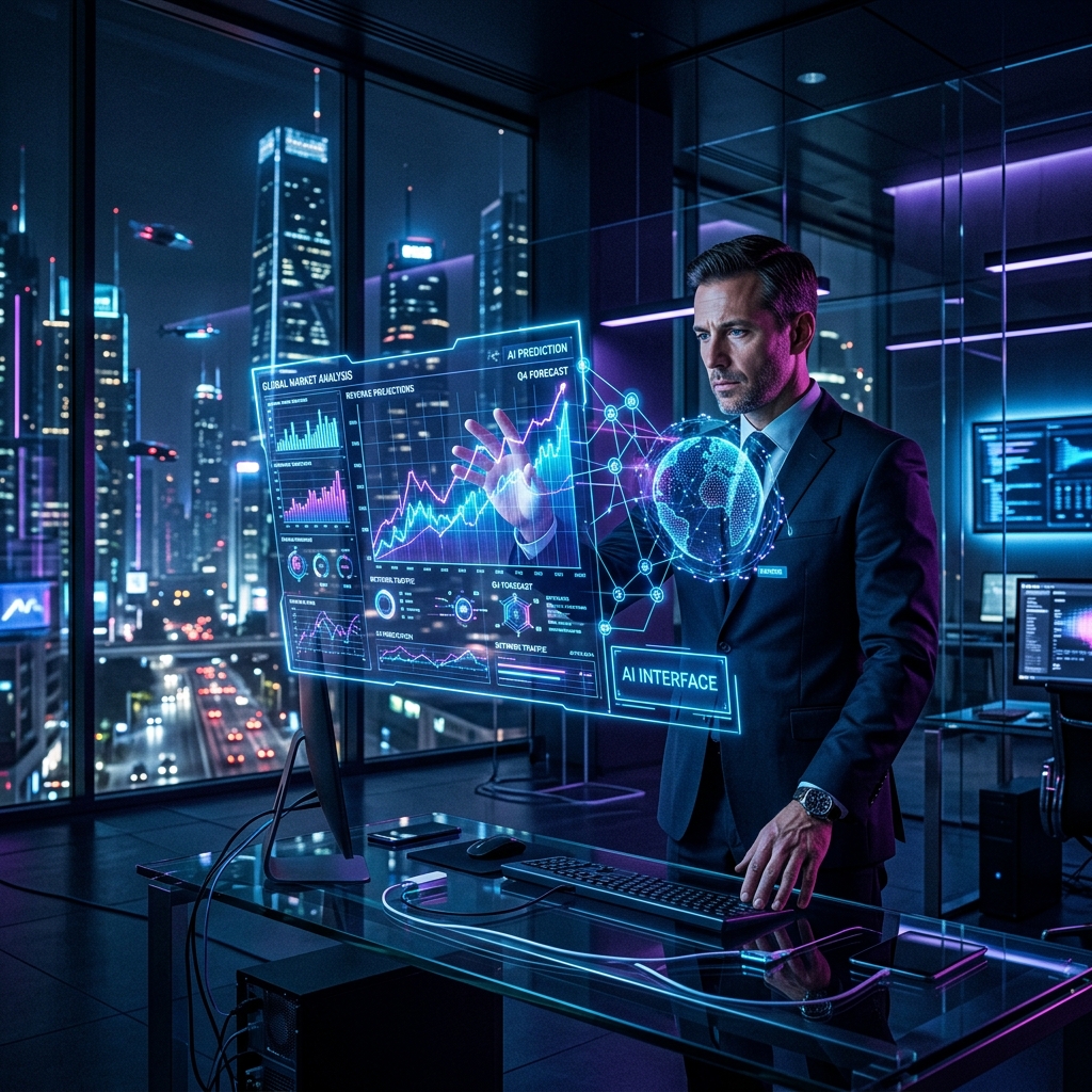 Businessman interagissant avec un hologramme d'IA